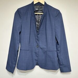 Zara Plaid Blazer Womens Size 4 Navy Blue Notch Collar Lightweight Career Office